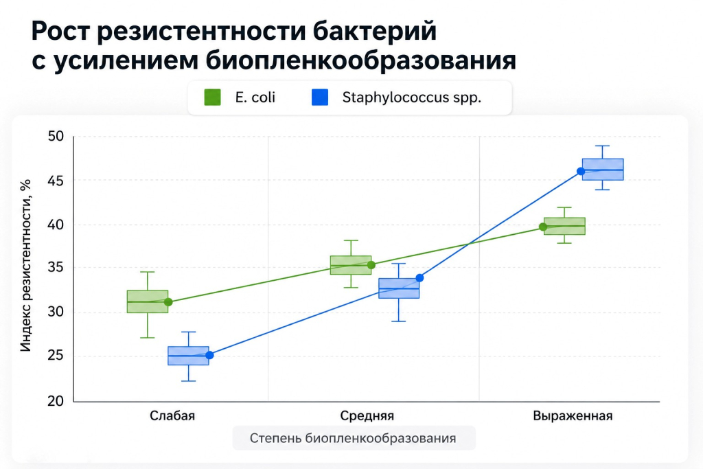 Динамика резистентности бактерий при различных уровнях биоплёнкообразования