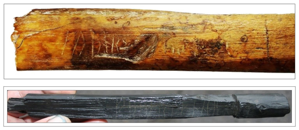 Сверху: фрагмент кости с футарком. Внизу: деревянный предмет с футарком.