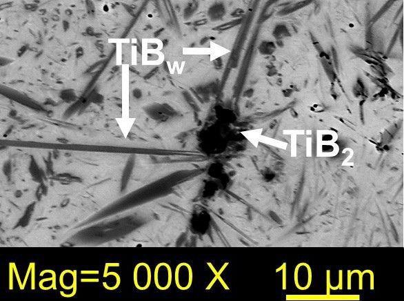 Микроструктура сплава ВТ6 с добавлением диборида титана, на которой видно образование вискеров борида титана. Фото предоставлено А. Маликовым.