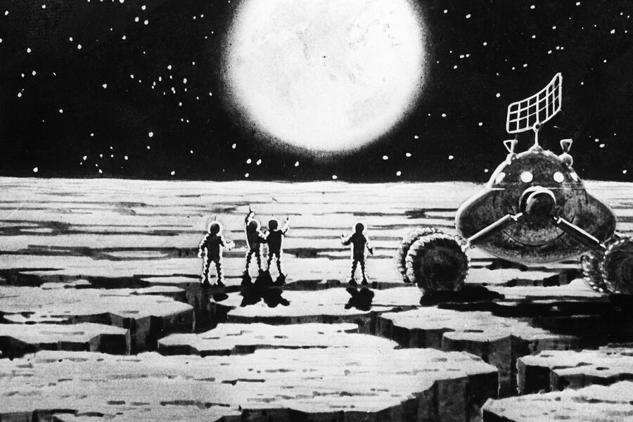 Рисунок «Вездеход на Луне», 1966 г. Авторы иллюстрации: летчик-космонавт СССР Алексей Леонов и художник-фантаст Андрей Соколов.