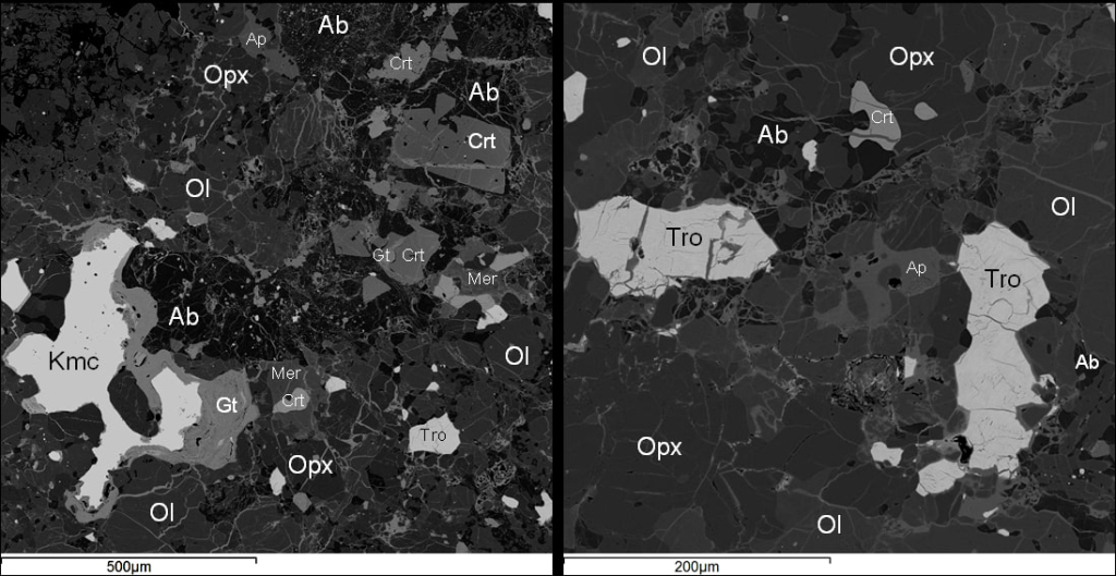 Средне-, крупнозернистый матрикс в метеорите Капустин Яр. Сканирующая микроскопия. Символы: Ol – оливин, Opx – низкокальциевый пироксен (ортопироксен), Ab – альбит, Kmc – камасит, Tro – троилит, Crt – хромит, Mer – меррилит, Ap –хлорапатит, Gt – гётит. Фотография в отраженном свете и BSE