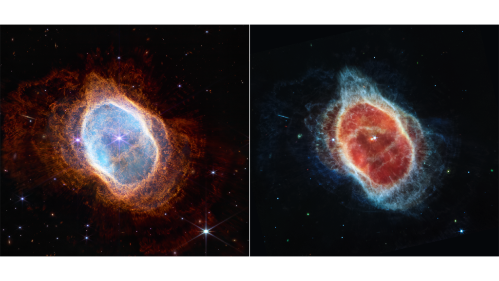 Два снимка в ближнем (NIR) и среднем (MIR) ИК-диапазоне планетарной туманности NGC 3132 c с двойным ядром. Фото космического телескопа "Джеймс Уэбб"
