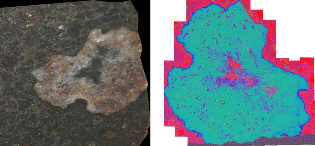 Кальций-алюминиевое включение 9bN в матрице углистого хондрита North West Africa 3118 (СV3). Слева: макрофотография. Справа: изображение в рентгеновских лучах Ca, Mg и Al (Mg-красный, Са – зеленый, Al – синий). Размер включения 1,5 см. 