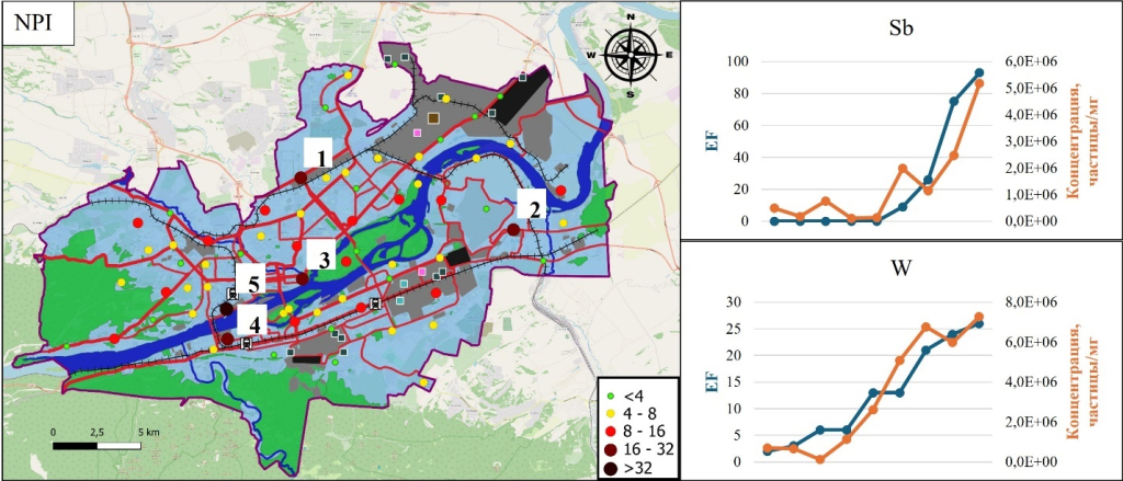 Карта исследуемой территории Красноярска. Отмечены пять локаций, в которых обнаружены наиболее загрязнённые наночастицы. Коричневыми точками обозначены локации, где были обнаружены наночастицы с высоким уровнем загрязнения, красный — умеренный уровень загрязнения, жёлтый — низкий уровень загрязнения, зелёный — загрязнение отсутствует