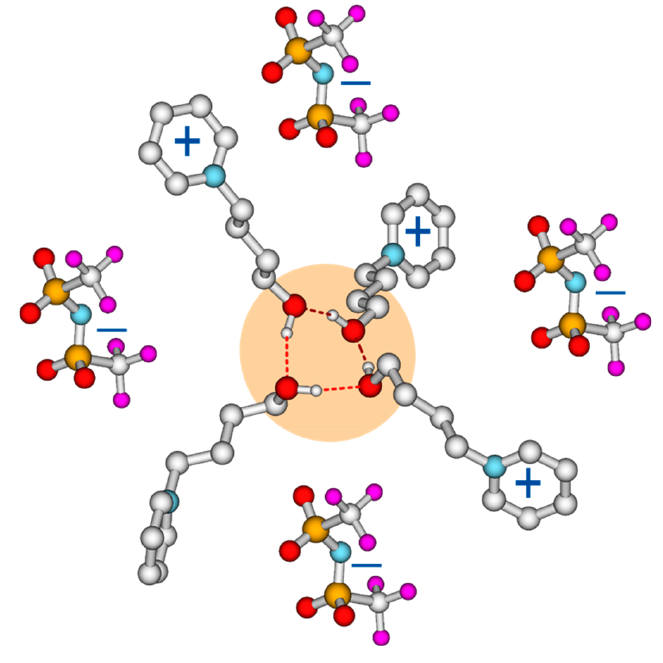 Схематическое изображение катионного кластера в ионной жидкости. Источник: Khudozhitkov et al. / J. Phys. Chem. Lett., 2023.