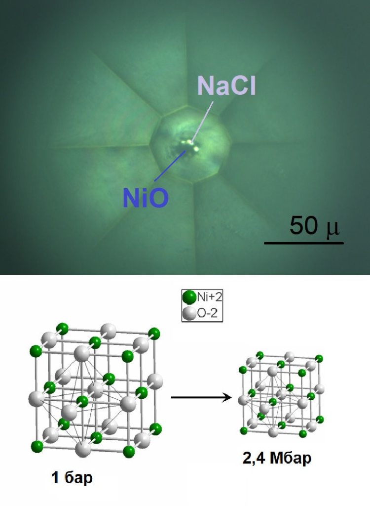 Фотография экспериментального образца в среде хлорида натрия и модель кристаллической решетки NiO при сжатии. Источник: Александр Гаврилюк.