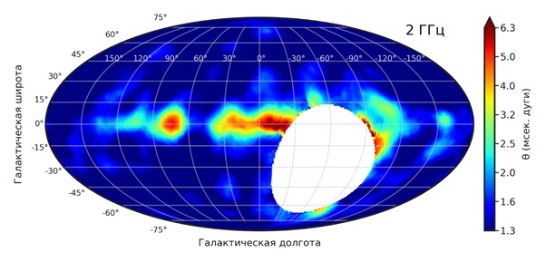 Карта распределения турбулентных плазменных экранов Галактики, рассеивающих радиоизлучение квазаров. Красный цвет соответствует сильному, а темно-синий – слабому рассеянию. Источник: пресс-служба МФТИ.