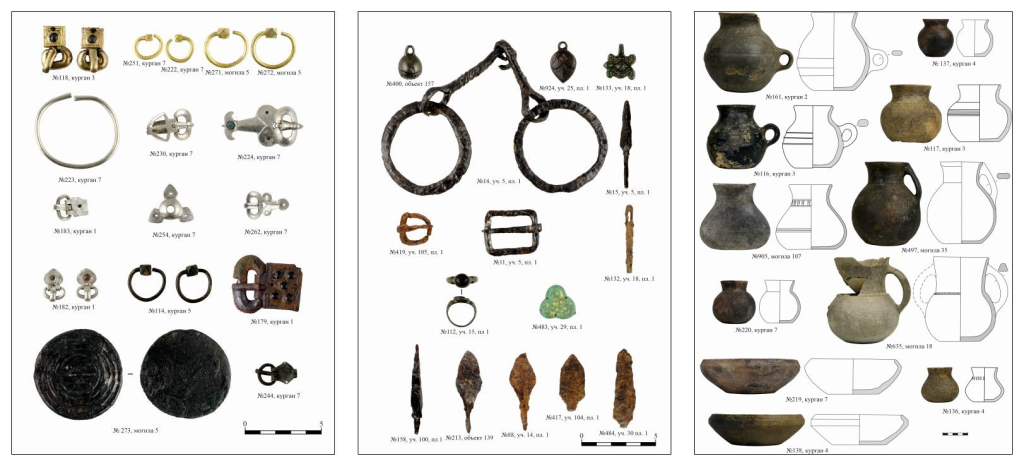 Поселение и могильник Майртупский. Слева направо: предметы костюма и украшения из погребальных комплексов VI в. н.э., металлические изделия из культурного слоя поселения X–XIII вв. н. э., керамические сосуды из погребальных комплексов VI в. н. э.