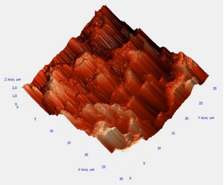 Изображение рельефа поверхности после электрохимического травления, полученное методом атомно-силовой микроскопии