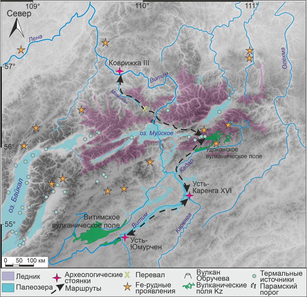 Карта района исследований с реконструкцией уровней озера Байкал, ледников и палеоозёр 13 тысяч лет назад