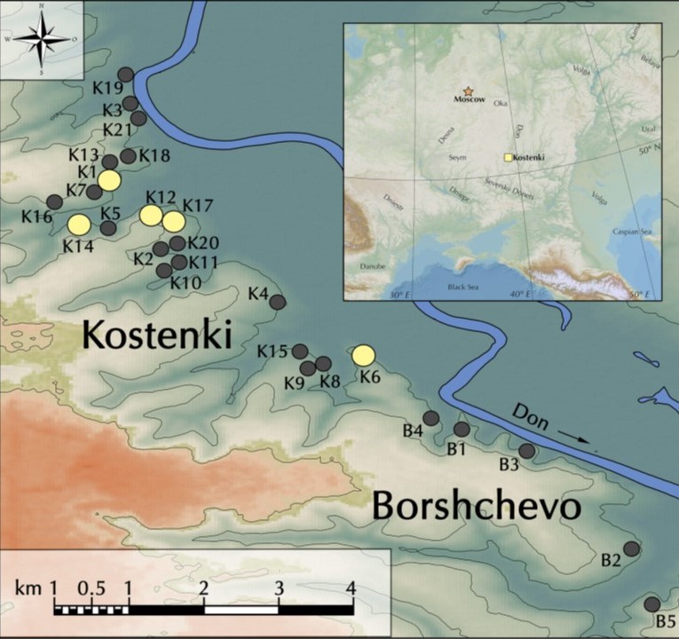 Местоположение палеолитических стоянок комплекса Костенки–Борщево. Жёлтым обозначены стоянки, на которых авторы обнаружили микролиты