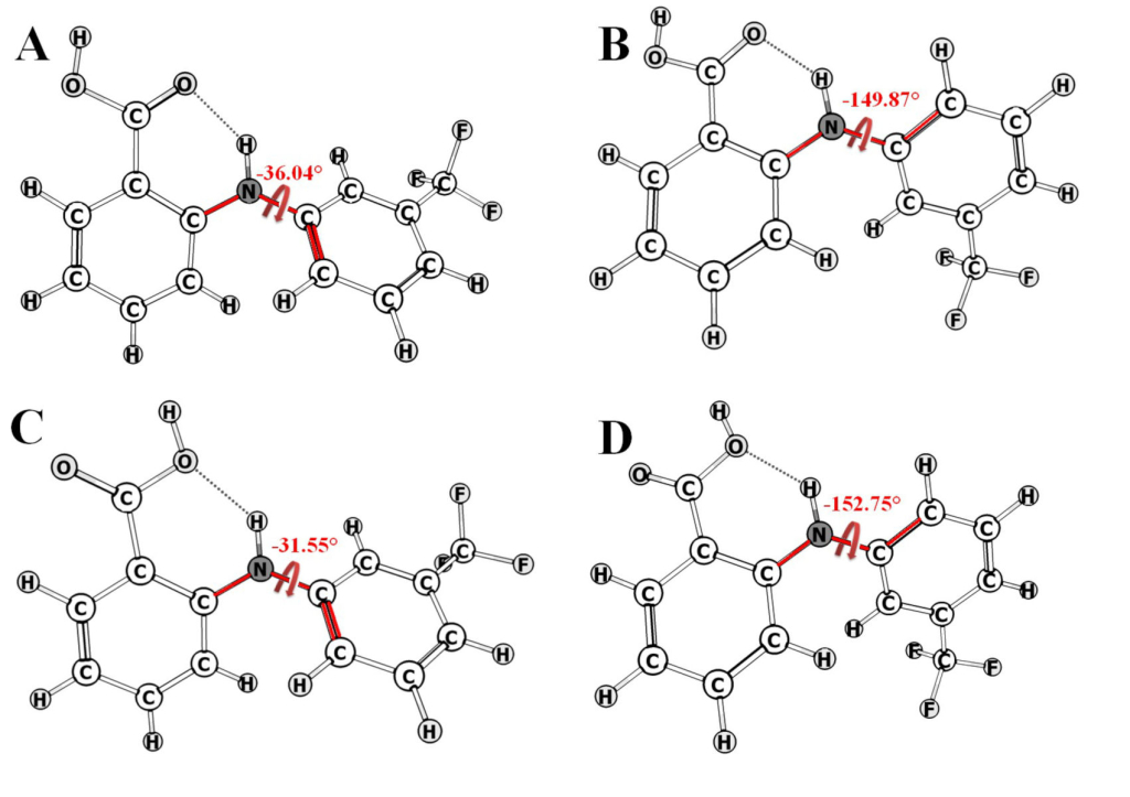 Четыре конформера молекул флуфенамовой кислоты. Источник: Khodov et al. / Materials, 2022.
