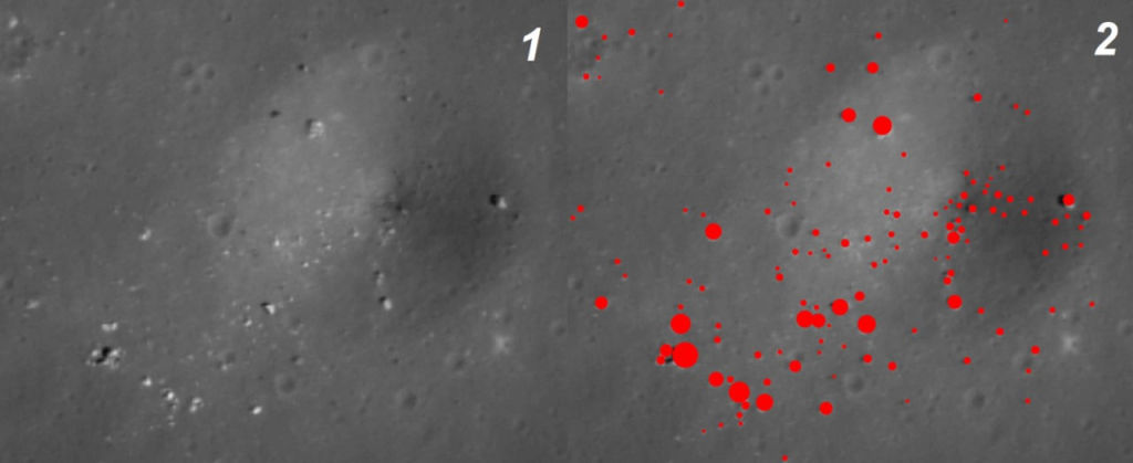 Крупные камни на лунной поверхности (1) вокруг кратера диаметром 90 м с координатами 24.724º с.ш. 48.600º з.д. Камни (2) с зарегистрированными размерами и координатами.