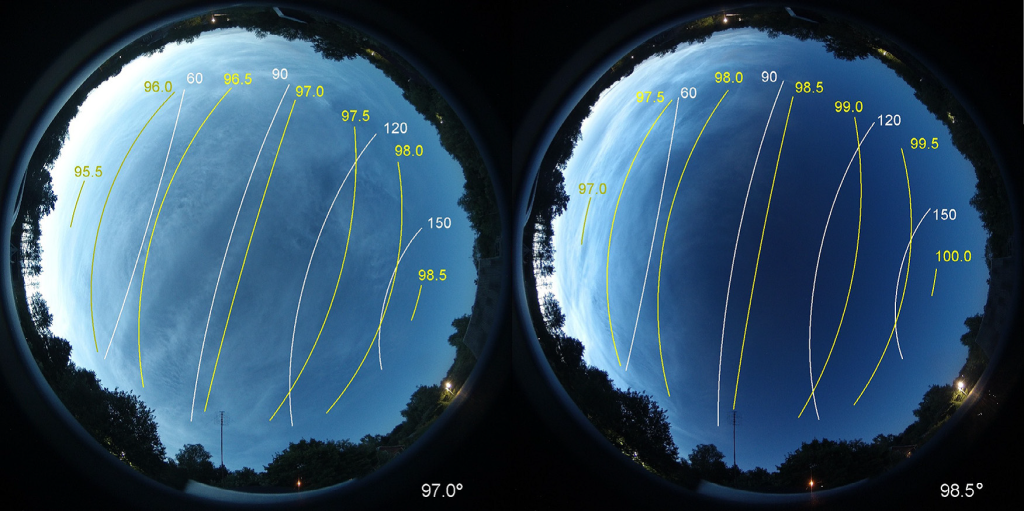 RGB-фотографии ночного неба и серебристых облаков, полученные 29 июня 2021 г. Цветом обозначены линии равного углового расстояния от Солнца (жёлтые) и равного угла рассеяния (белые)