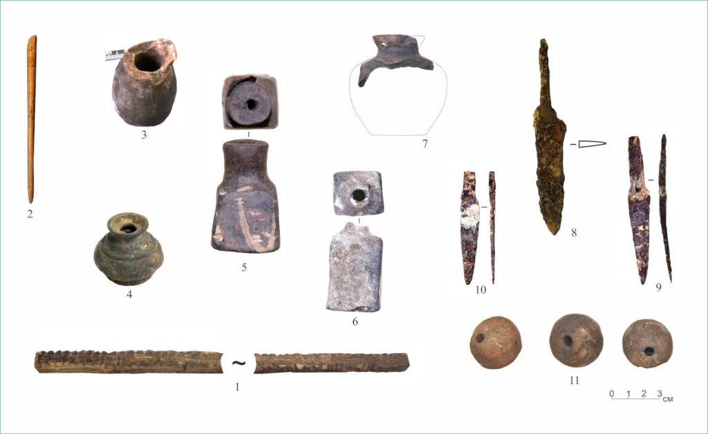 Археологические находки из г. Тара (1–4, 8) и д. Ананьино (5–7, 9–11). 1 – счетная палочка; 2 – графия; 3–7 – чернильницы; 8–10 – перочинные ножи; 11 – шарики счетов Археологические находки из г. Тара (1–4, 8) и д. Ананьино (5–7, 9–11). 1 – счетная палочка; 2 – графия; 3–7 – чернильницы; 8–10 – перочинные ножи; 11 – шарики счетов. Иллюстрация предоставлена исследователями.