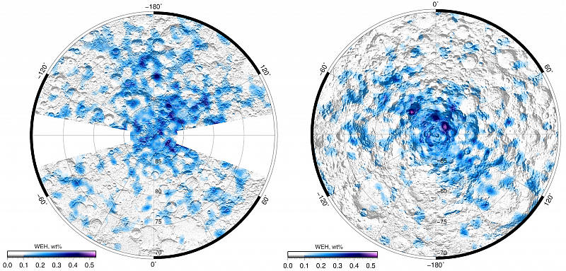 Карта распределения массовой доли водного эквивалента водорода (водяного льда) в процентах от массы грунта в околополярных областях Луны. Слева: северный полярный район; справа: южный полярный район. Составлена по данным прибора ЛЕНД, КА ЛРО (LRO, Lunar Reconnaissance Orbiter, NASA). Оттенки синего и фиолетового цвета показывают повышенную концентрацию водяного льда в верхнем приповерхностном слое грунта. Опубликована в статье Sanin et al., Icarus, v. 283, pp. 20-30, 2017.