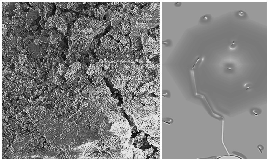 ССравнительные изображения выявленного экспериментально роста трещины и визуального моделирования процесса разрушения бетона, модифицированного оксидом графена