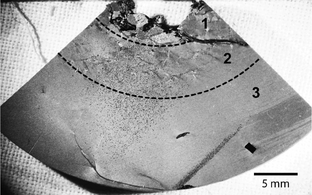 Концентрические зоны ударного метаморфизма в железном метеорите Чинге. На рисунке представлен полированный шлиф экваториального спила, протравленный в нитале. Экваториальный спил был получен из сферического образца после его разреза на полусферы и отпиливания пластины толщиной несколько мм (на рисунке представлена одна четверть экваториального спила). В результате ударно-взрывного эксперимента и прохождения сферической ударной волны сначала от периферии к центру, а затем — от центра к периферии в образце образовалась полость (с «рваным» краем) и три концентрические зоны ударного метаморфизма, обозначенные как 1, 2 и 3.