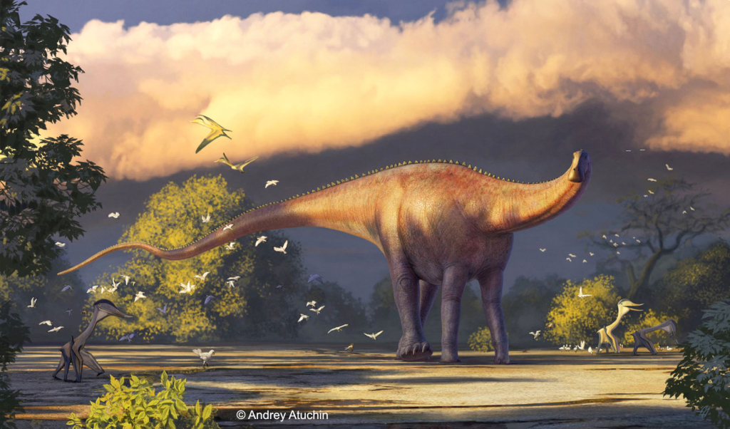 Центральный персонаж на картине – Джаратитан – из рода завроподовых динозавров позднего мелового периода. Описаны Аверьяновым и его американскими коллегами в 2021 году.