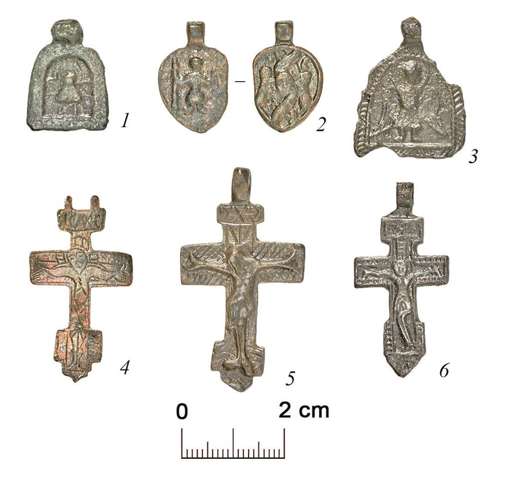 Предметы личного благочестия: 1–3 – иконки-подвески; 4–6 – кресты-тельники.