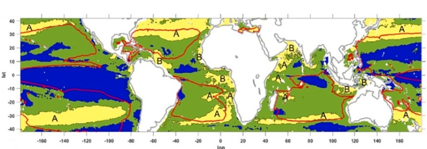 Предложенное деление океана на зоны по сезонным циклам содержания хлорофилла. Красными линиями ограничены зоны с общим низким уровнем хлорофилла. Синие области — зоны, где отсутствуют сезонные колебания; зелёные и жёлтые — зоны с пиками цветения фитопланктона