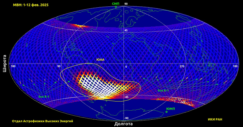 На картах цветом показана интенсивность сигнала, регистрируемого в эксперименте МВН, 1–12 февраля 2025 года