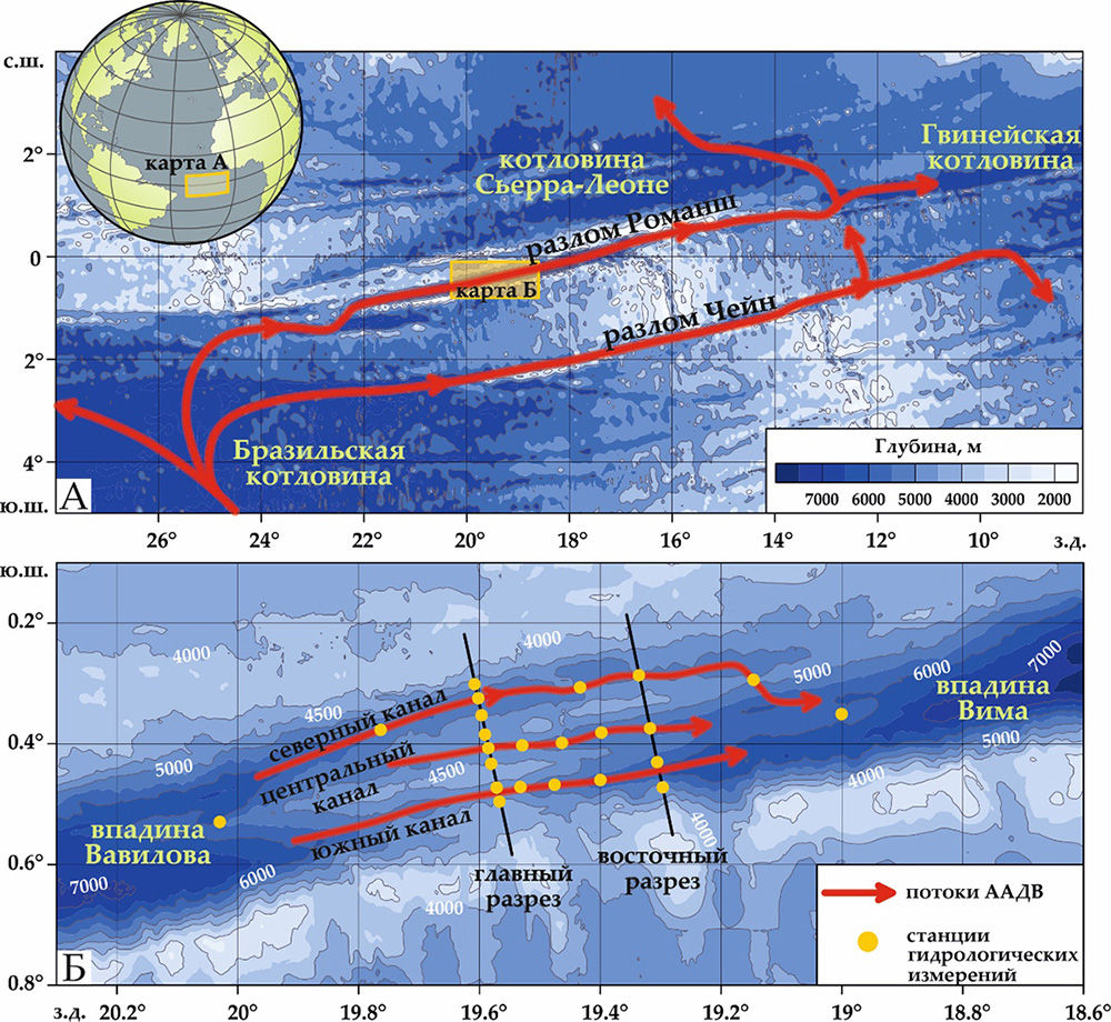 Основные потоки течения Антарктической донной воды (ААДВ) через каналы трансформного разлома Романш (экваториальная часть Атлантического океана).