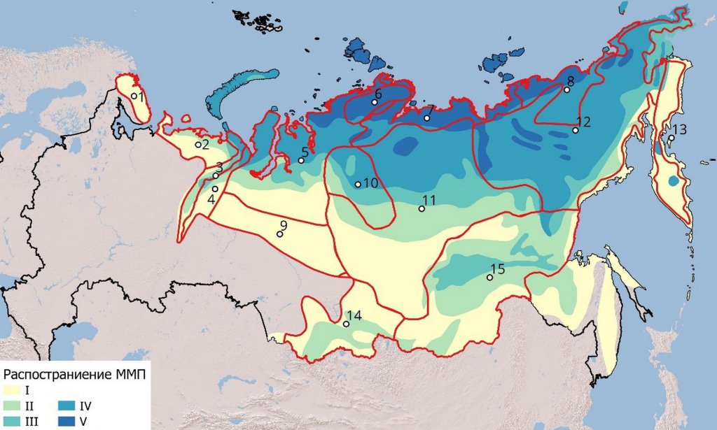 Озёрные регионы РФ, находящиеся в зоне распространения многолетнемёрзлых пород (ММП): I — зона редкоостровного, островного и массивно-островного распространения ММП мощностью мерзлотной толщи 0—100 м, II — зона сплошного распространения ММП мощностью 50—300 м, III — мощностью 100—400 м, IV — мощностью 200—600 м, V — мощностью 400—900 м и ниже. Красная линия — границы озёрных регионов [6]; чёрная линия — границы РФ; точки — центроиды соответствующих озёрных регионов 