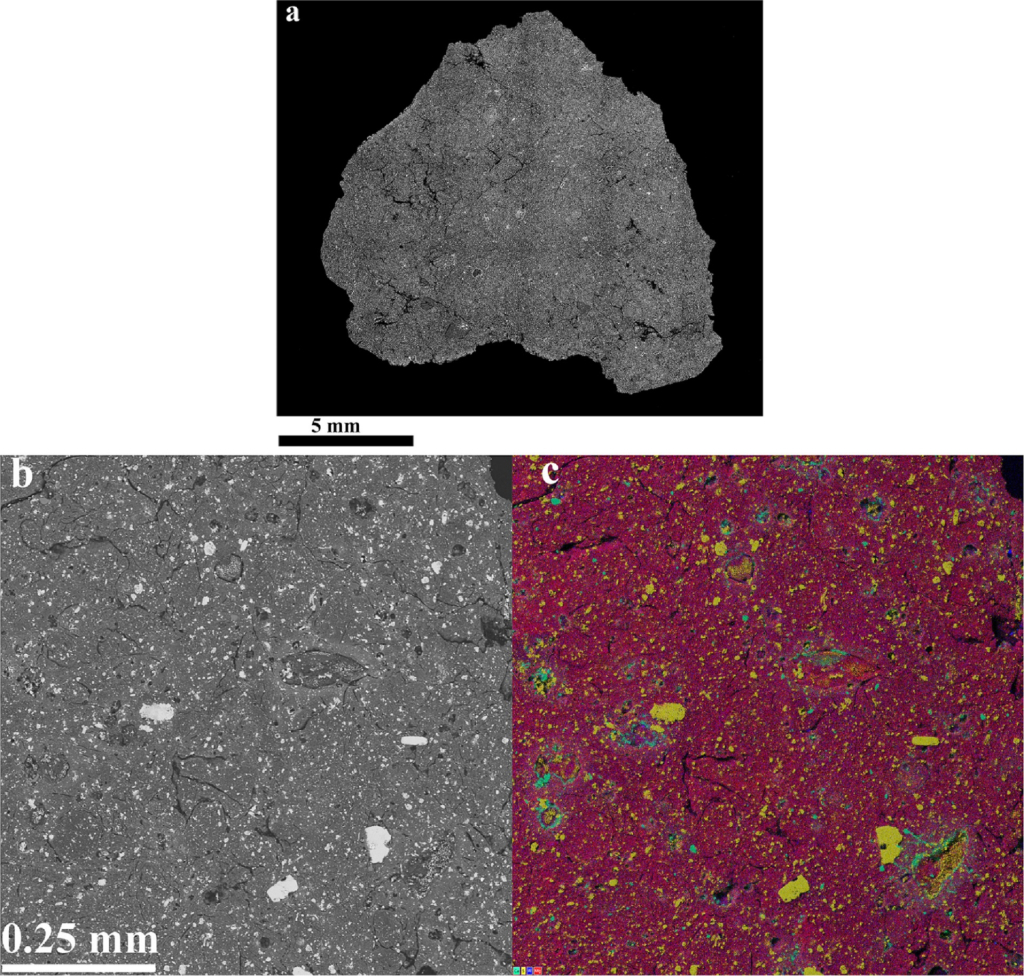 Изображение в обратно-рассеянных электронах: (а) шлифа NWA 4757; (b) фрагмента матрицы NWA 4757 c разными объектами; (c) изображение в комбинированных рентгеновских лучах Kα Mg (красный), Ca (зелёный), Al (голубой) и S (жёлтый) этого же фрагмента матрицы