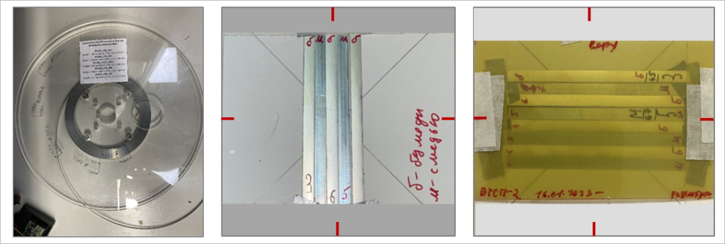 ВТСП-лента (слева) и образцы лент разного состава для облучения (в центре и справа).