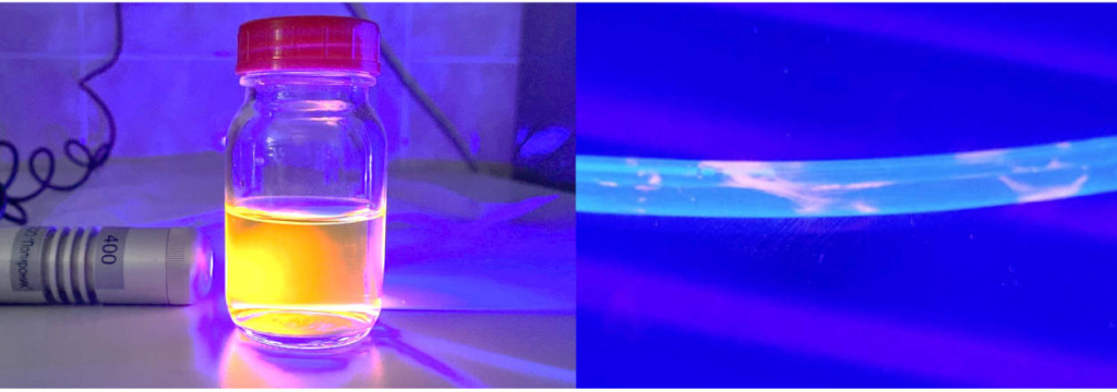 Внешний вид флуоресцентных золотых нанокластеров (слева) и окрашенные данными нанокластерами биопленки на внутренней поверхности урологического катетера (справа). Источник: Стелла Евстигнеева.