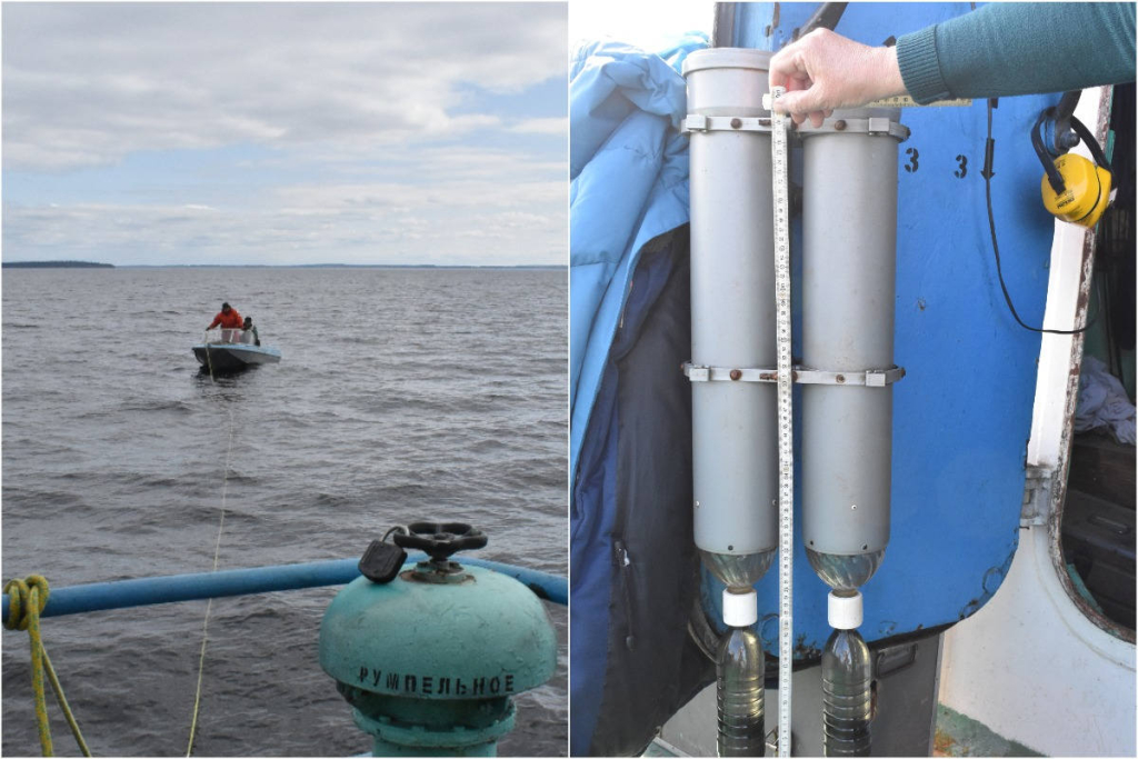 Седиментационная ловушка – устройство для отбора проб взвешенного вещества в воде (слева – в процессе переустановки).