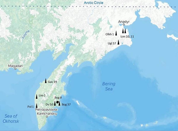 Расположение нефтяных скважин на полуострове Камчатка и юго-востоке Чукотки
