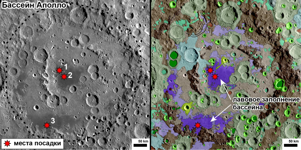 Фотографическое изображение (слева) и геологическая карта (справа) ударного бассейна Аполло на днище бассейна Южный полюс — Эйткен. Красные звёздочки показывают наиболее перспективные места посадки в бассейне Аполло, выбранные по набору инженерных и научных критериев