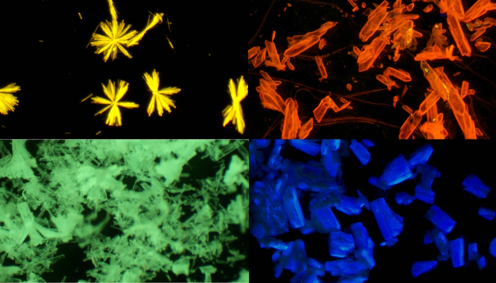 Кристаллы полученных комплексов меди и серебра под ультрафиолетовой лампой