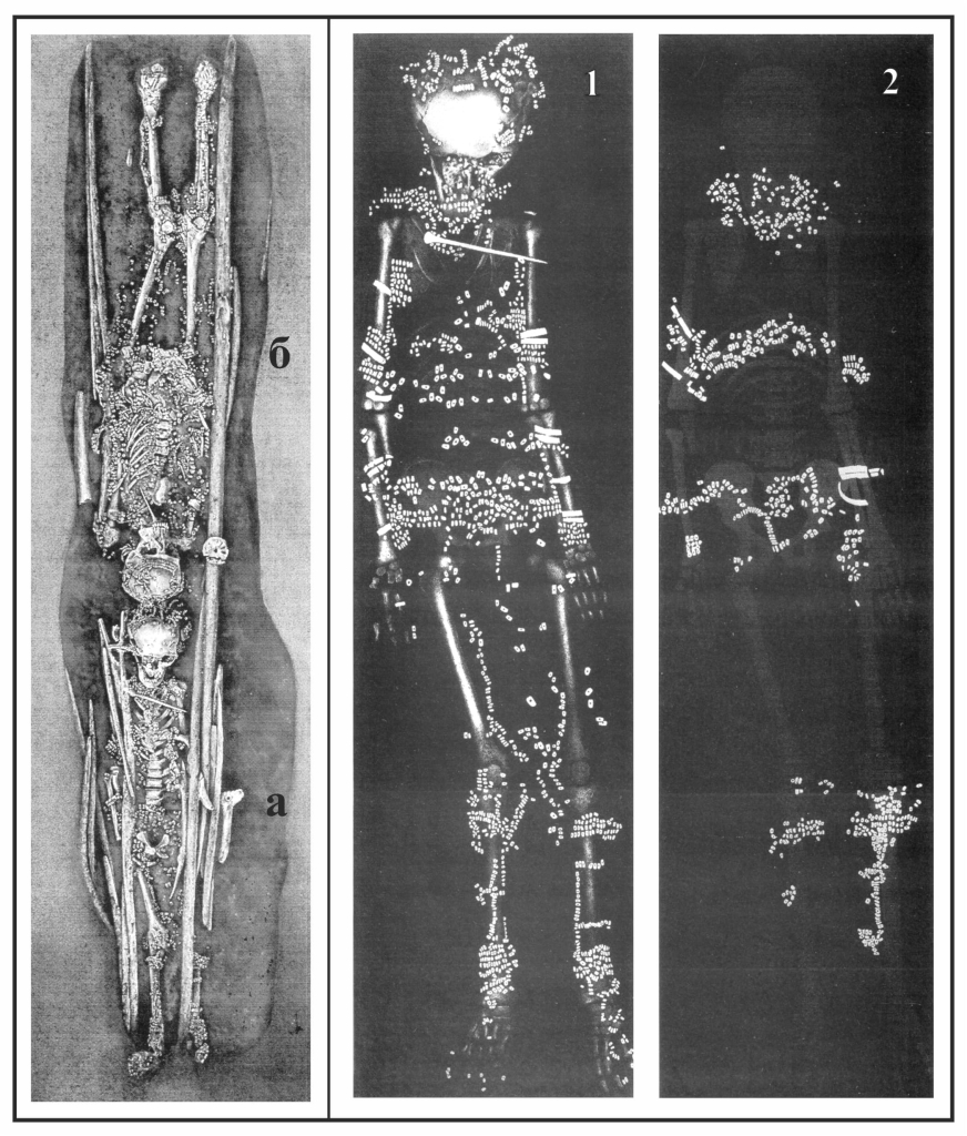 Рисунок 3. Погребение подростка стоянки Сунгирь (а) с бусами, отражающими двуслойную одежду: плащ или пончо (1) и рубашку типа малицы (2)