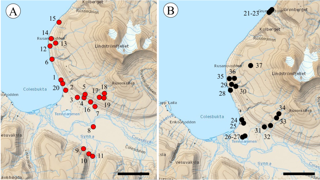 Места сбора образцов в 2009 году (A) и 2015 году (B). Масштабная линейка 2 км