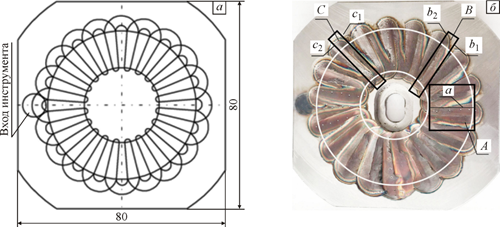 Модель веерной траектории движения инструмента (а) и схема вырезки образцов из заготовки после ОТП кольцевого участка поверхности (б)