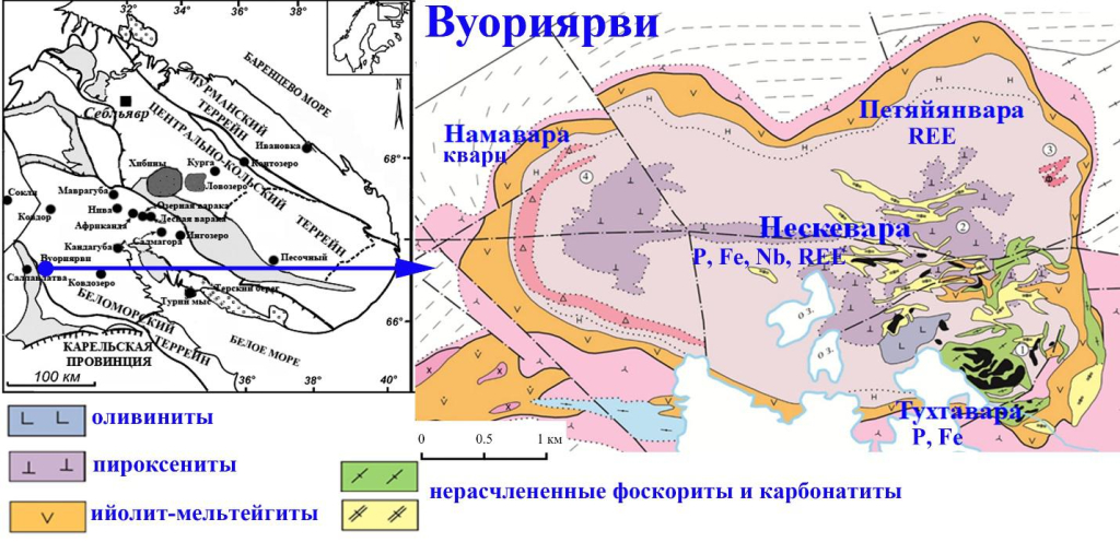Рисунок 1. Расположение карбонатитового комплекса Вуориярви на территории Кольского полуострова и его геологическое строение