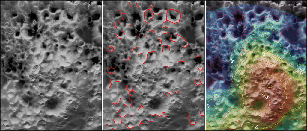 Рисунок 2. Изображение центральной части гигантского кратера. Слева — мозаика снимков с разрешением 30 м на элемент изображения. В центре — то же с показанными красными линиями прямолинейными гребнями валов кратеров. Справа — карта высот этого участка с горизонталями через 1 км