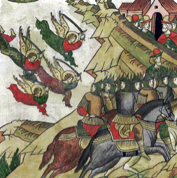 Татары бегут с поля битвы на реке Воже, миниатюра из Лицевого летописного свода, XVI век