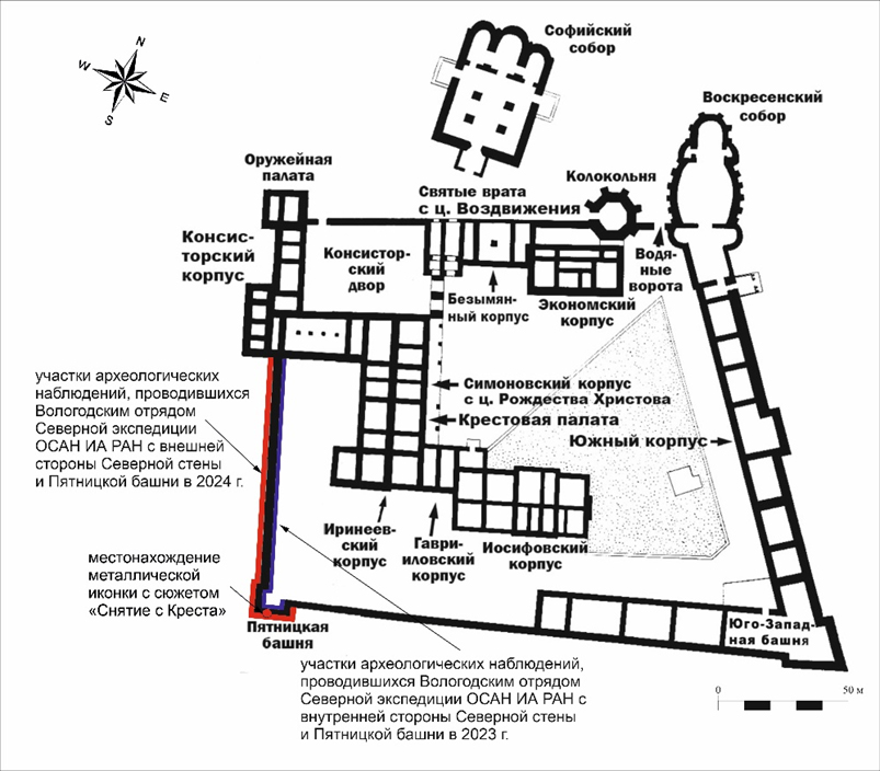 Схема Архиерейского двора (Вологодского кремля) с указанием участка исследований и места находки