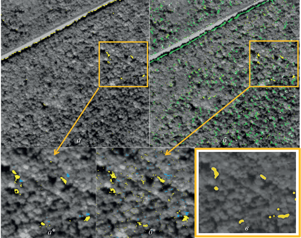 Обнаружение изменений типа рубки (жёлтый цвет) на участке 701×701 пикселей по парам изображений: а — под близкими углами крена съёмки (1 и 4°); б — под разными углами крена съёмки (26 и 4°), зелёным цветом выделены общие аномалии перепада яркости пары изображений без рубок и пары изображений с рубками; a* — фрагмент рисунка а с зонами осветления (синий цвет); б* — фрагмент рисунка б с зонами осветления (синий цвет); в — зоны рубок, выделенные экспертом