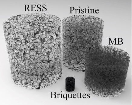 Иллюстрация различия в плотности между одностенными углеродными нанотрубками, использованными в исследовании: RESS – распушённые, pristine – исходной плотности, briquettes – уплотнённые в брикеты, MB – концентрат трубок, заранее диспергированных в полимере. Масса цилиндров одинаковая. Источник: Хассаан Батт и др./Carbon.