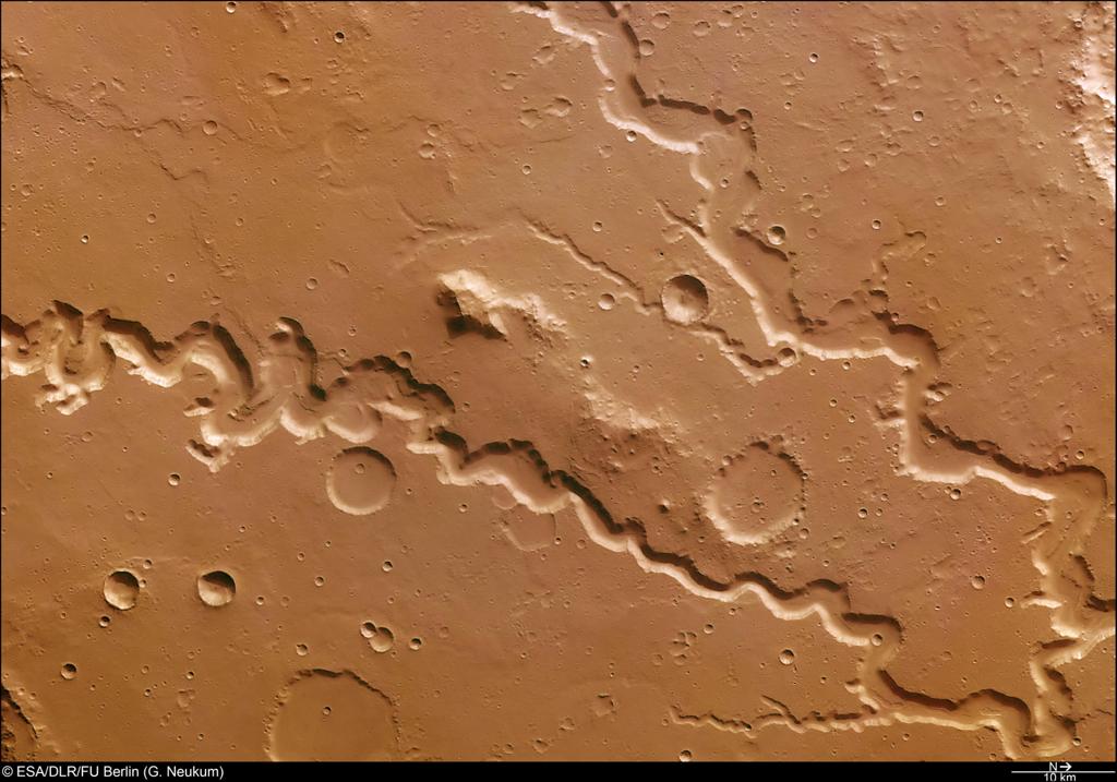 Ныне сухая эрозионная Долина Нанеди на поверхности Марса свидетель того, что когда-то на поверхности Марса была жидкая вода. Изображение (72 х 106 км) получено камерой HRSC на КА Mars Express Европейского космического агентства.