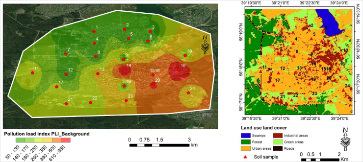 Слева картосхема загрязнения почв с рассчитанными индексами загрязнения; справа карта LULC, созданная на основе снимков со спутника