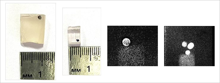 Образцы облученных искусственных сапфиров (слева). Примеры более ранних результатов ФИЦ ХФ РАН (справа): фотографии миллиметровых пузырей из расплава оксида алюминия, образующихся при облучении поверхности сапфира в вакууме мощным лазерным импульсом.