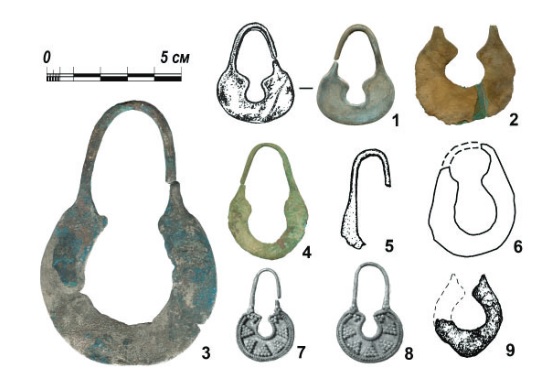 Калачевидные височные подвески из могильника Вак-Кур. Тип 1 (кованые). Материал: 1, 3, 7, 8 — серебро; остальное — медный сплав