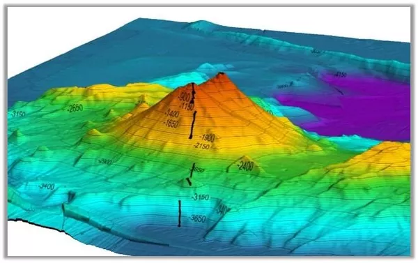 Батиметрическая схема подводного вулкана Пийпа. © ННЦМБ ДВО РАН.