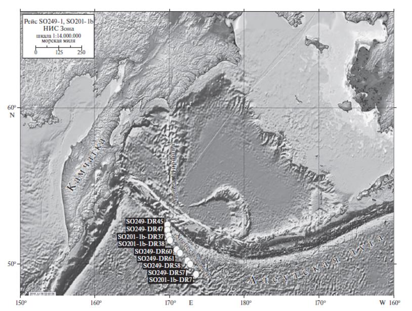 Карта акватории северо-западной части Тихого океана с расположением хр. Стелмейт и станций драгирования научно-исследовательского судна «Зонне», на которых были получены изученные породы.